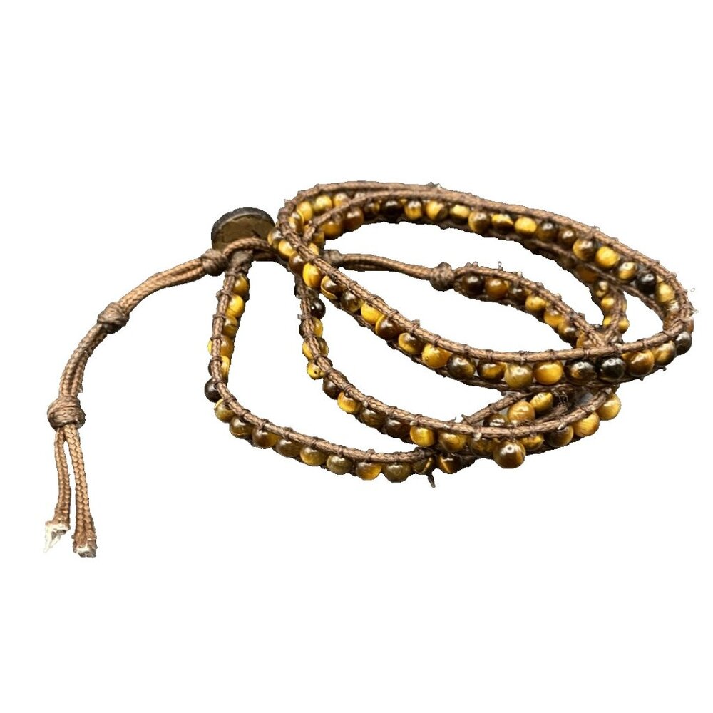 Tiger's Eye Wrap Bracelet Boho Multi Layer 4mm Tribal Beaded 24" Cotton Cord - Picture 1 of 5